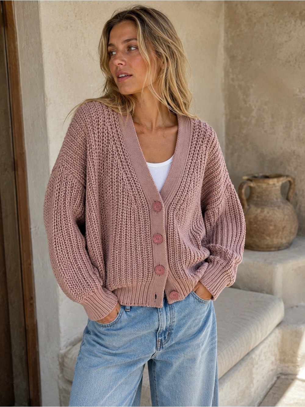Babaa Dusty Rose Chunky Cotton Knit Oversized Cardigan Made in Spain